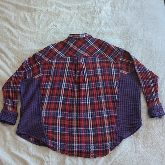 Free People Shirt Medium Red & Blue Plaid Long Sleeve Guaze Knit Tunic Button-up - Picture 7 of 7